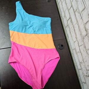 Women's One Shoulder One Piece Swimsuit  Blue Orange Pink Size L Never Worn